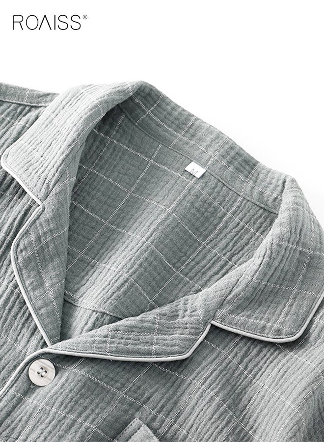 رويس طقم رجالي من قطعتين من خيوط القطن المنقوشة، بنطلون بسيط بأكمام قصيرة، ملابس منزلية من القطن الخالص، بيجامات، طقم ملابس للاسترخاء، مريح، قابل للتهوية، ناعم، خفيف الوزن، ملابس كاجوال، رمادي - Image 3