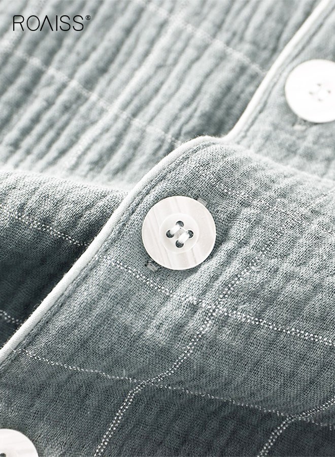 رويس طقم رجالي من قطعتين من خيوط القطن المنقوشة، بنطلون بسيط بأكمام قصيرة، ملابس منزلية من القطن الخالص، بيجامات، طقم ملابس للاسترخاء، مريح، قابل للتهوية، ناعم، خفيف الوزن، ملابس كاجوال، رمادي - Image 4