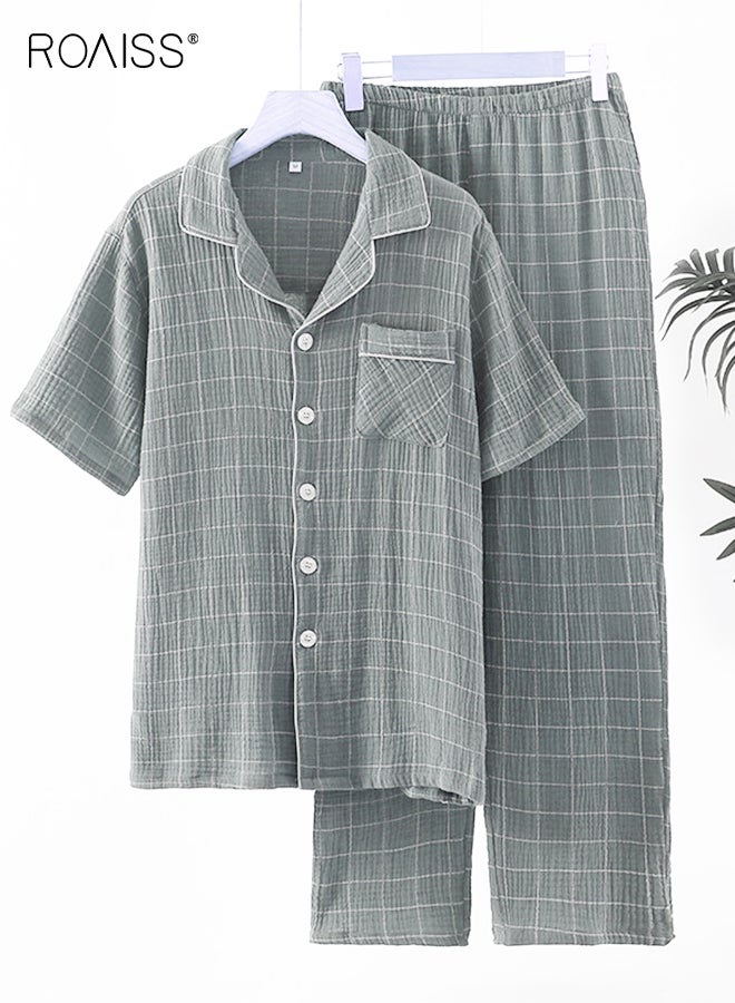 رويس طقم رجالي من قطعتين من خيوط القطن المنقوشة، بنطلون بسيط بأكمام قصيرة، ملابس منزلية من القطن الخالص، بيجامات، طقم ملابس للاسترخاء، مريح، قابل للتهوية، ناعم، خفيف الوزن، ملابس كاجوال، رمادي - Image 1