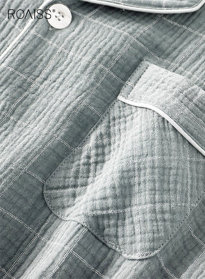 رويس طقم رجالي من قطعتين من خيوط القطن المنقوشة، بنطلون بسيط بأكمام قصيرة، ملابس منزلية من القطن الخالص، بيجامات، طقم ملابس للاسترخاء، مريح، قابل للتهوية، ناعم، خفيف الوزن، ملابس كاجوال، رمادي - Image 5