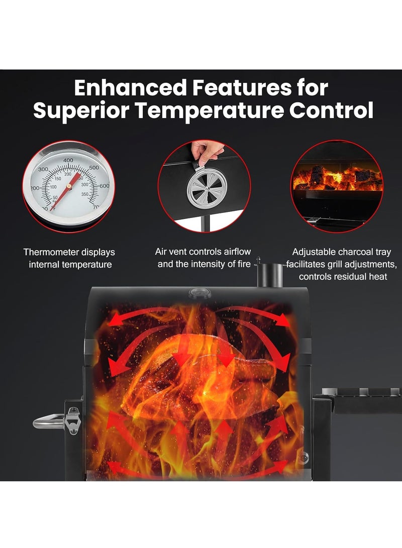 كادي ون شواية فحم، شواية محمولة، شواية متعددة الوظائف مع عجلات ومقبض وفتاحة زجاجات وطاولة جانبية للطهي والشواء في الحديقة والتراس، أسود - Image 3