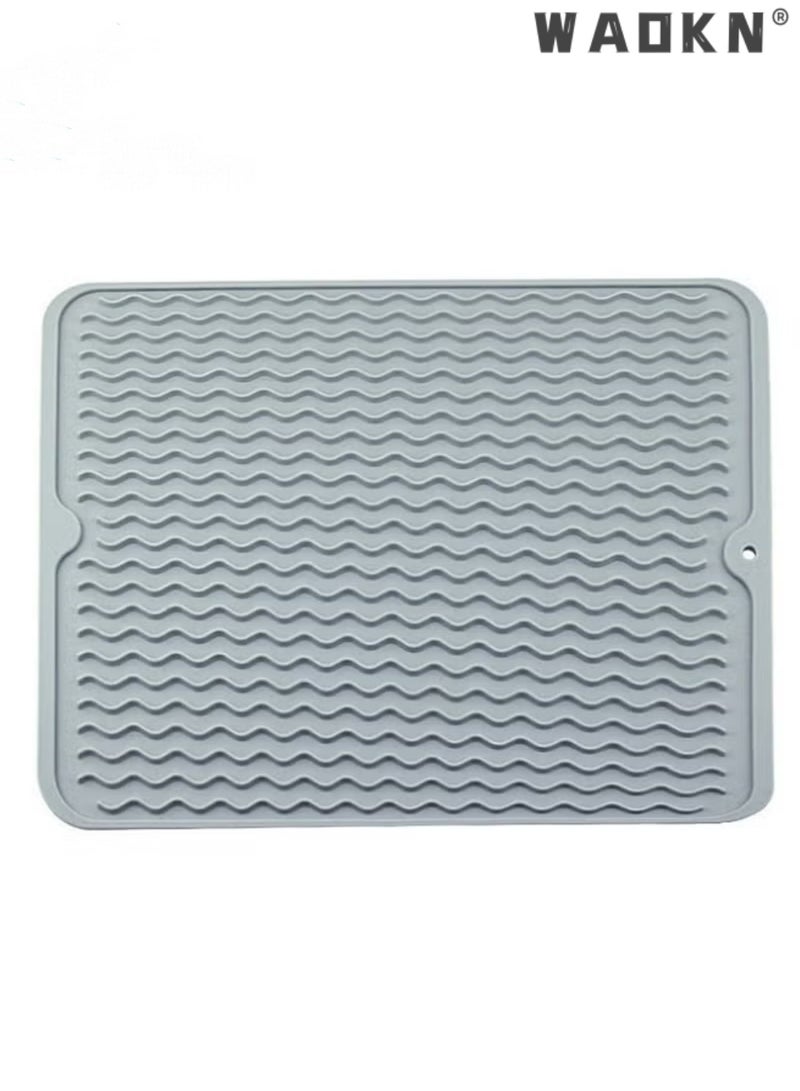 WAOKN Food Grade Silicone Drain Pad Heat Insulation DrainKitchen Desktop Bowl Dishes To Water Filter Pad Heat-Resistant Kitchen Counter Organizer and Refrigerator Liner Grey Mat for Multiple Uses 40x30cm - Image 1