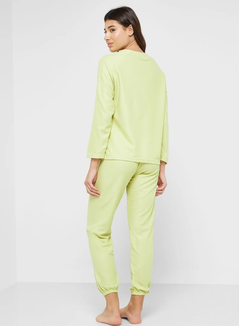 Ginger Ribbed Long Sleeves Top & Pyjama Set