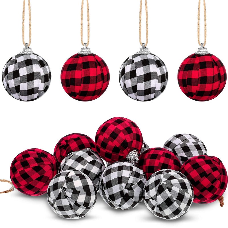 Tatuo Farmhouse Christams Buffalo Plaid Fabric Ball Ornament Decorative Plaid Ball Hanging Ornament for Christmas Decorations Supplies (White and Black  Red and Black 12 Pieces) - Image 1