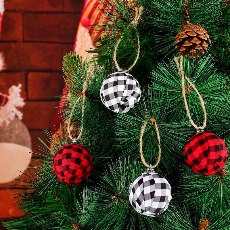 Tatuo Farmhouse Christams Buffalo Plaid Fabric Ball Ornament Decorative Plaid Ball Hanging Ornament for Christmas Decorations Supplies (White and Black  Red and Black 12 Pieces) - Image 3