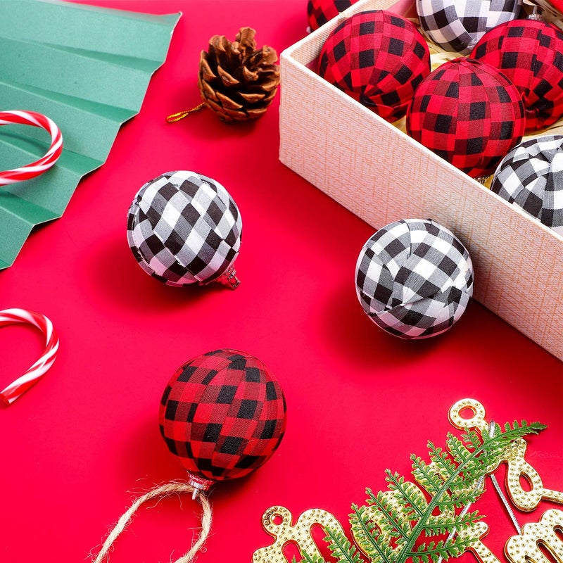 Tatuo Farmhouse Christams Buffalo Plaid Fabric Ball Ornament Decorative Plaid Ball Hanging Ornament for Christmas Decorations Supplies (White and Black  Red and Black 12 Pieces) - Image 4