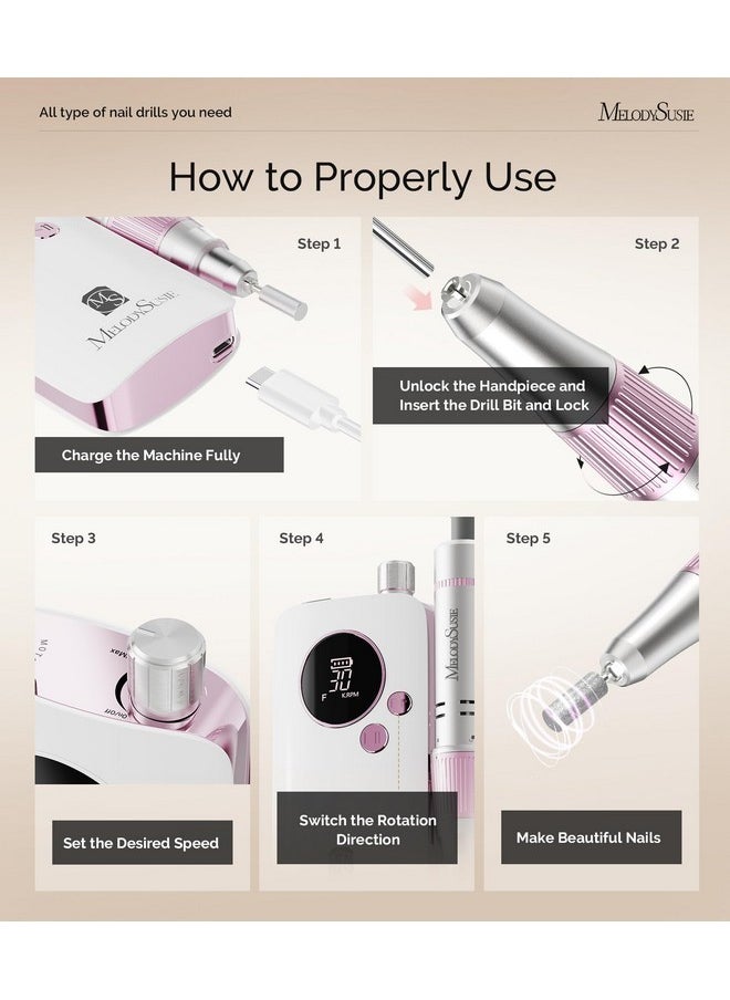 MelodySusie - Portable Nail Drill 30000 Rpm,Sc320F Professional Rechargeable Electric Nail File,Cordless Nail E File For Acrylic Nails Gel Polishing Removing,Efile Nail Kit For Manicure Salon Home,Rose - Image 1