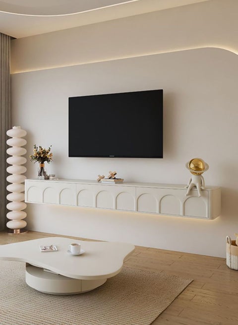 Cream Floating TV Stand Suspened TV Wall Mounted Media Console Entertainment Unit TV Contemporary Style TV Stand Luxury TV Unit TV Cabinet Fashionable Cream White Finish L200xH23xW25 cm