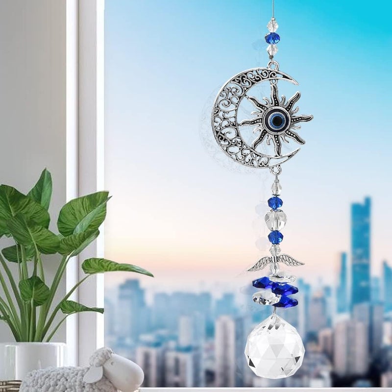 MENGSOOD Evil Eye Car Hanging Ornament Blue Evil Eye for Rear View Mirror Evil Eye Decor Good Luck Charm Window Hanging Sun Catcher Decor Car Amulet Ornament for Protection & Blessing (Moon Star) - Image 2