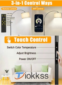 Tiokkss Floor Lamp for Home with Touch Control & Remote & App Control, Modern Floor Lamp with Bulb,Tall Lamp for Living Room with Hanging Drum Shade and Weighted Base Beige  - Image 2