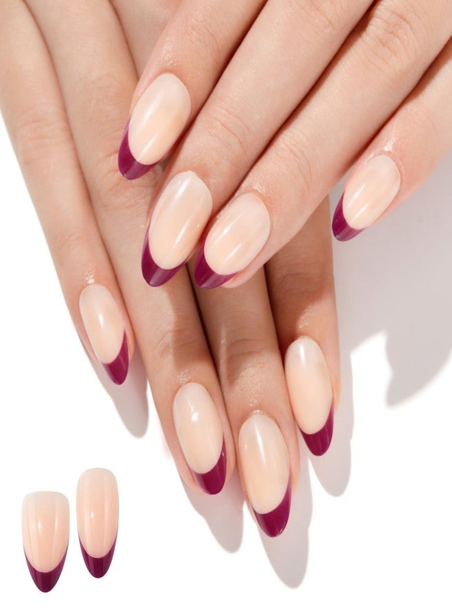 ako Short Press On Nails - Mulberry Purple French Tip Almond Nails, Glossy Finish Reusable Acrylic Fake Nails, Stick On Nails with Adhesive Tabs, Prep Pad & 15 Sizes - 30 Stick on Nails - Image 1