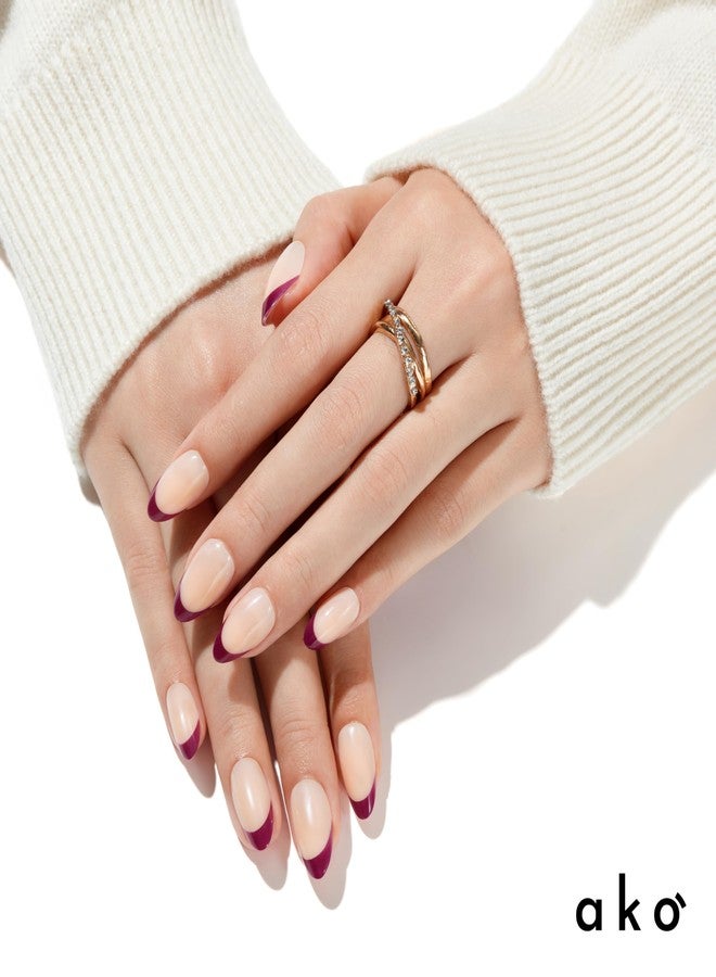 ako Short Press On Nails - Mulberry Purple French Tip Almond Nails, Glossy Finish Reusable Acrylic Fake Nails, Stick On Nails with Adhesive Tabs, Prep Pad & 15 Sizes - 30 Stick on Nails - Image 2