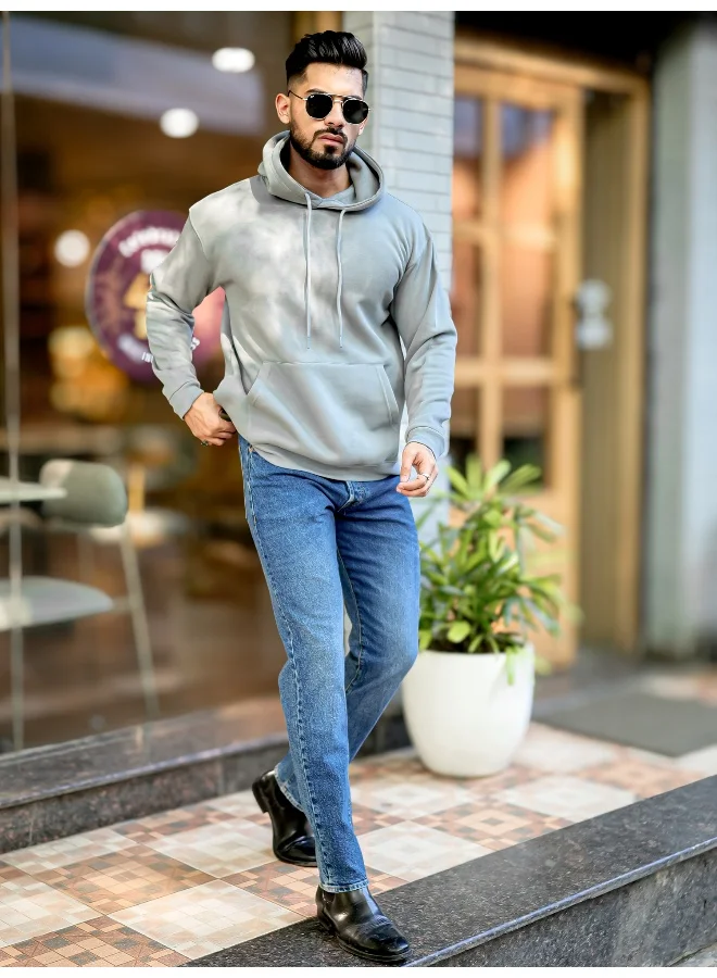 Maniac Mens Printed Hooded Neck Full Sleeve Light Grey Fleece Fleece Oversized Sweatshirt