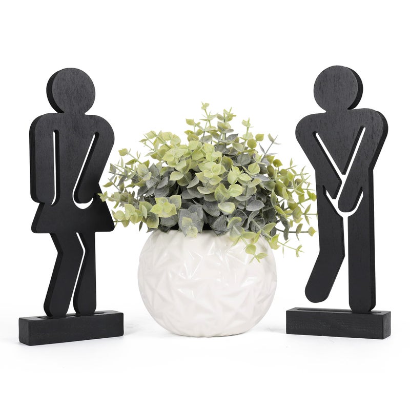 Litivy Set of 3 Farmhouse Bathroom Decor Signs Rustic Wooden Restroom Decorative Signs with A Potted Artificial Plant - Image 1