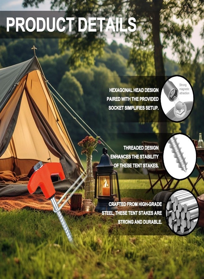 YYGCL 12 Pack Screw in Tent Stakes Heavy Duty,8 Inch Ground Anchors Screw in,Metal Stakes with Hex Head Driver,Camping Tent Accessories.(Orange) - Image 3