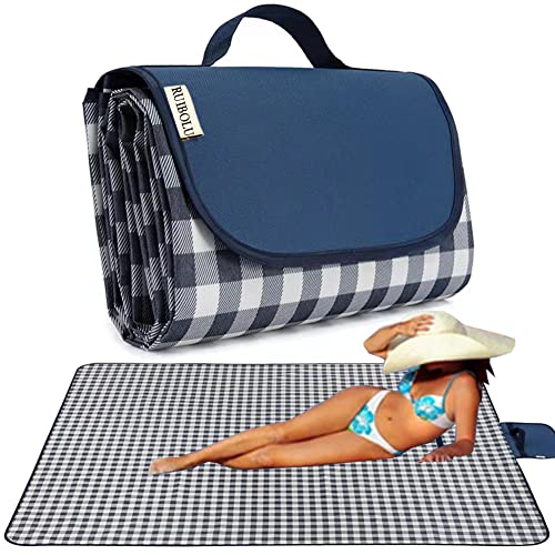 RUIBOLU Beach Blanket Large Picnic Blankets, 80x60in Sandproof Beach Mat for 2-4 Adults Waterproof Quick Drying Outdoor Picnic Mat for Travel Camping Hiking Festival Park Lawn (Dark Blue Plaids) - Image 1