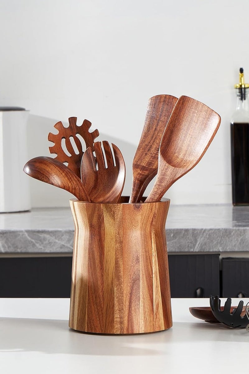 LOOPITYS Tabletop wooden utensil storage bucket,cutlery storage， 360 ° rotating kitchen utensil rack, storage bin，large kitchen utensil storage made of acacia wood, used for storing kitchen utensils and miscellaneous items in living rooms - Image 1