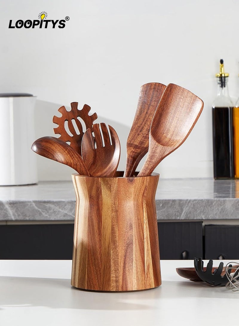 LOOPITYS Tabletop wooden utensil storage bucket,cutlery storage， 360 ° rotating kitchen utensil rack, storage bin，large kitchen utensil storage made of acacia wood, used for storing kitchen utensils and miscellaneous items in living rooms - Image 1