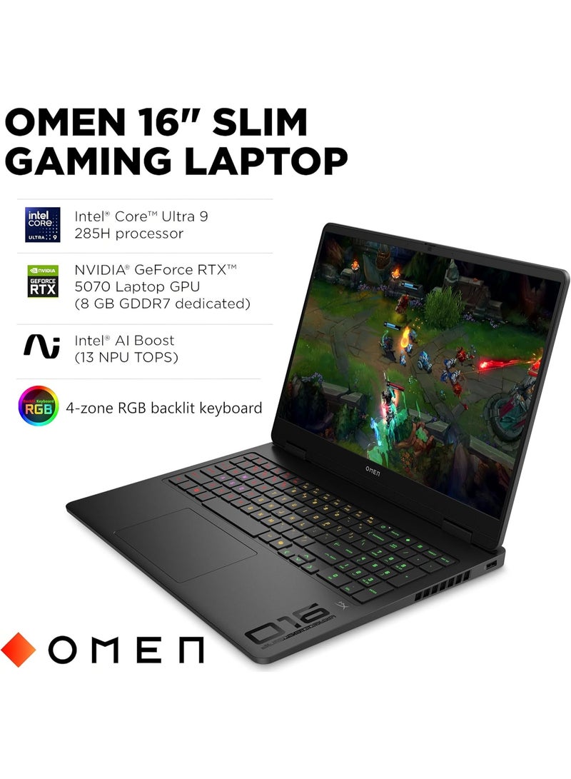 HP OMEN 16" 144Hz WUXGA Slim Gaming Laptop, Intel 16-Core Ultra 9 285H, GeForce RTX 5070 Computer, 32GB DDR5 RAM, 1TB PCIe SSD, AI Boost, WiFi 6E, RGB Backlit Keyboard, FHD Webcam, Windows 11 English Black - Image 2