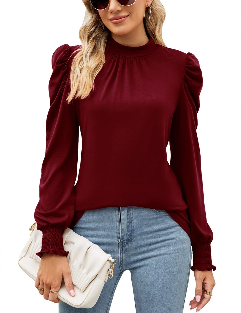 LUYAA Plain T Shirts for Women Blouses for Women Dressy Casual Long Sleeve Shirts Petite Tops for Women Long Sleeve Cute Tops Wine Red XL - Image 1