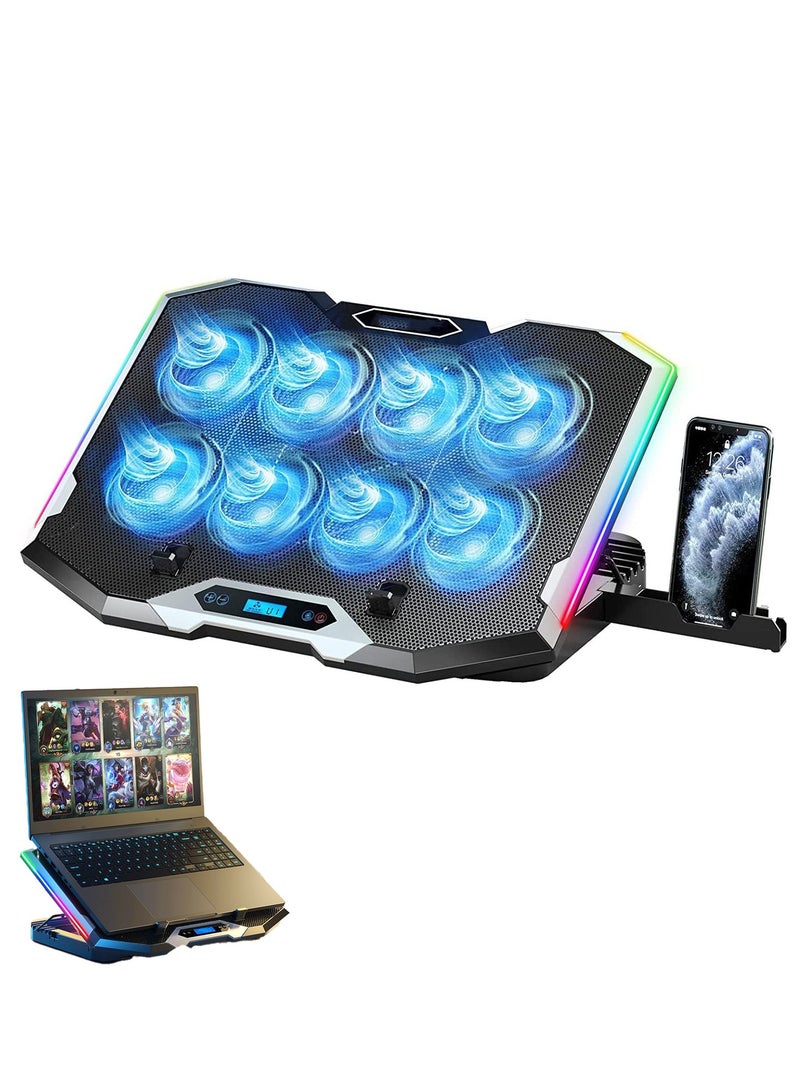 Gaming Laptop Cooling Pad with 8 Cooling Fans, Laptop Fan Cooling Pad for Laptop ,RGB Laptop Cooler Stand with 6 Height Adjustable, Two USB Port, Phone Stand - Image 1
