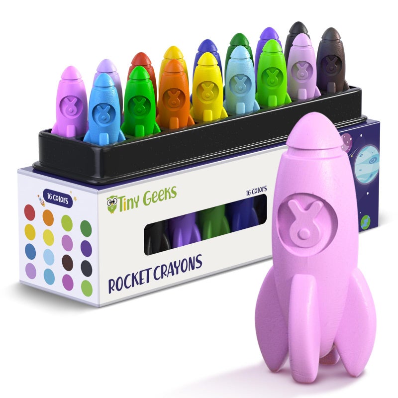 TinyGeeks 16 Rocket Crayons - Non Toxic, Washable - For Toddlers, Kids Ages 4-8 - Easy To Hold, Baby's Crayons For Toddlers 3-10 Years - Image 1