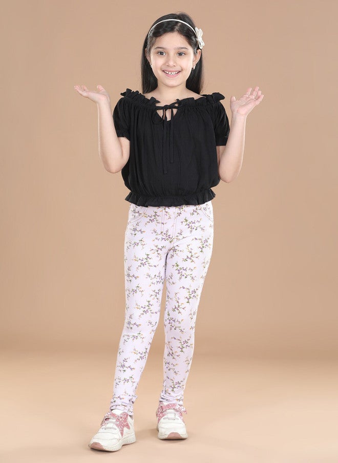 StyleStone Girls Purple & White Floral Printed Cotton Jeggings - Image 4
