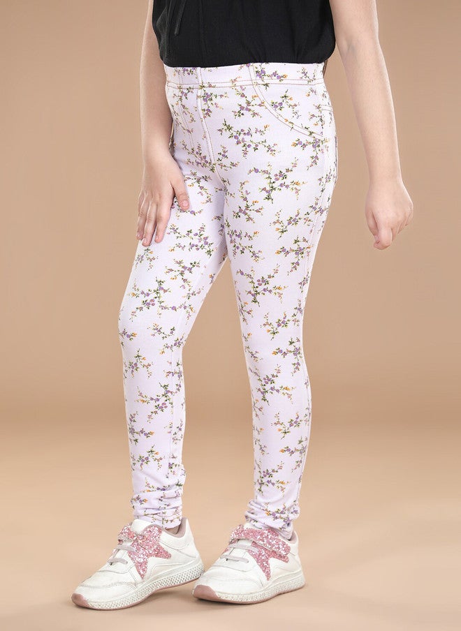 StyleStone Girls Purple & White Floral Printed Cotton Jeggings - Image 2