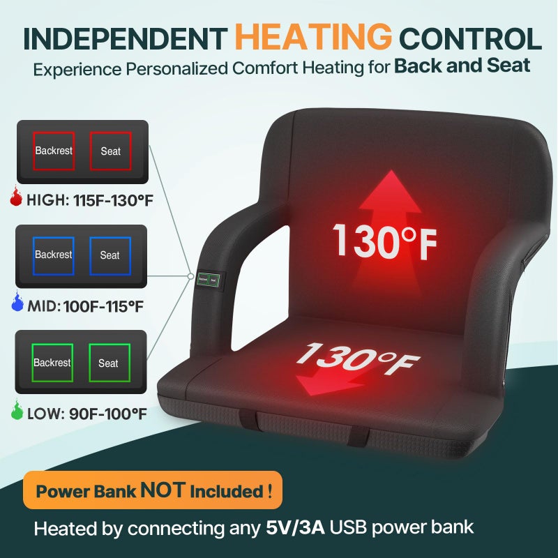 HOPERAN 21" Dual-Sided Heated Stadium Seats for Bleachers with Back Support, 3 Levels Heating Stadium Seating for Bleachers Seat with Backrest, 5 Pockets Portable Stadium Chair for Outdoor Sports - Image 3