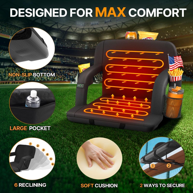HOPERAN 21" Dual-Sided Heated Stadium Seats for Bleachers with Back Support, 3 Levels Heating Stadium Seating for Bleachers Seat with Backrest, 5 Pockets Portable Stadium Chair for Outdoor Sports - Image 4