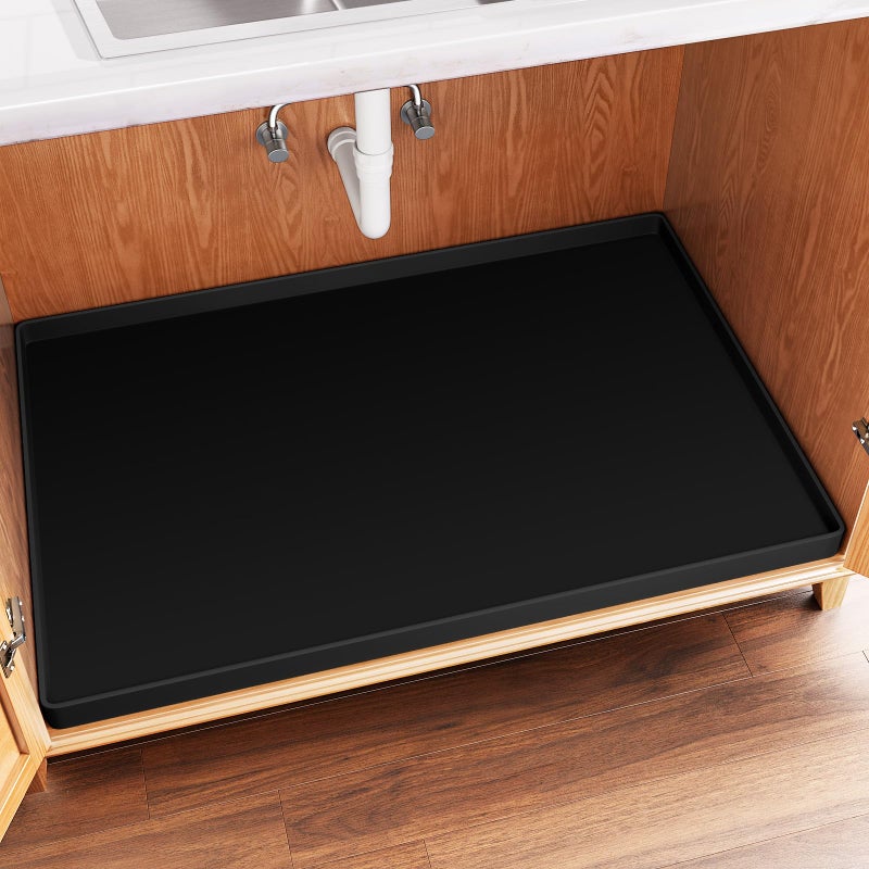 FLATO Waterproof Under Sink Mat 34 x 22 Shelf Liner for Kitchen and Bathroom Cabinet Protector Organizers and Storage Flexible Silicone Drip Tray
