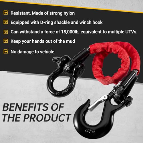 Gedlex 2FT ATV Recovery Strap 18000lb with Winch Hook and D Ring Shackle Synthetic Tow Recovery Rope with Loops Premium Mudding Accessories - Image 4