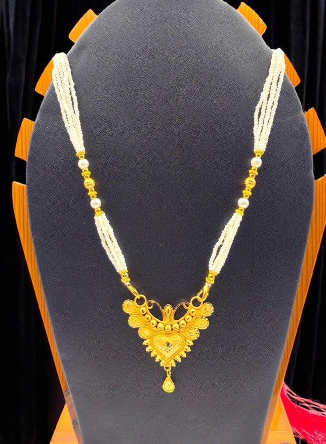 MSN Traditional Gold Tone Heart Pendant Necklace White Beaded Chain Ethnic Jewelry - Image 2