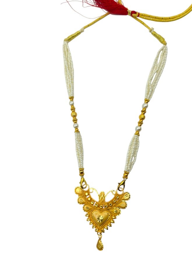 MSN Traditional Gold Tone Heart Pendant Necklace White Beaded Chain Ethnic Jewelry - Image 1