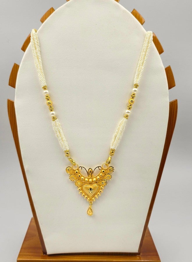 MSN Traditional Gold Tone Heart Pendant Necklace White Beaded Chain Ethnic Jewelry - Image 4