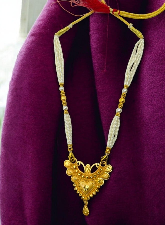 MSN Traditional Gold Tone Heart Pendant Necklace White Beaded Chain Ethnic Jewelry - Image 5