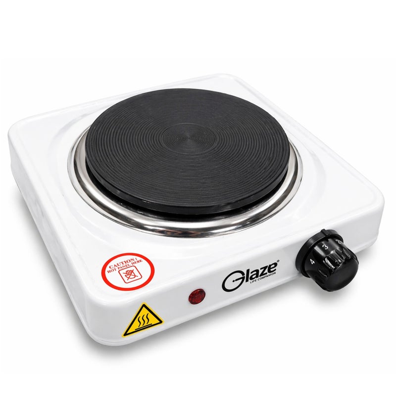 جليز موقد كهربائي بقدرة 1000 واط بعين واحدة – موقد كهربائي محمول للتسخين السريع يوضع على الطاولة مع تحكم قابل للتعديل في درجة الحرارة، مناسب لتحضير القهوة والشاي والطبخ والسفر – لون أبيض - Image 1