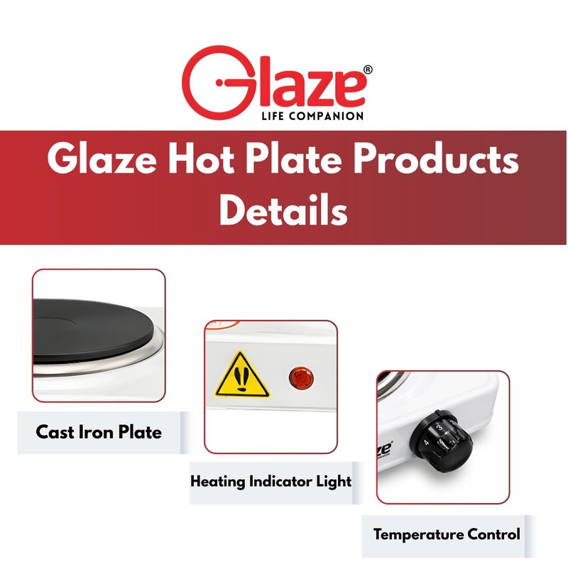 جليز موقد كهربائي بقدرة 1000 واط بعين واحدة – موقد كهربائي محمول للتسخين السريع يوضع على الطاولة مع تحكم قابل للتعديل في درجة الحرارة، مناسب لتحضير القهوة والشاي والطبخ والسفر – لون أبيض - Image 5