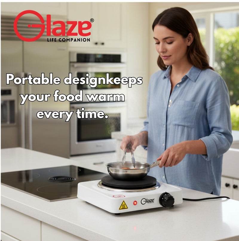 جليز موقد كهربائي بقدرة 1000 واط بعين واحدة – موقد كهربائي محمول للتسخين السريع يوضع على الطاولة مع تحكم قابل للتعديل في درجة الحرارة، مناسب لتحضير القهوة والشاي والطبخ والسفر – لون أبيض - Image 2