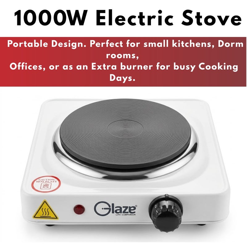 جليز موقد كهربائي بقدرة 1000 واط بعين واحدة – موقد كهربائي محمول للتسخين السريع يوضع على الطاولة مع تحكم قابل للتعديل في درجة الحرارة، مناسب لتحضير القهوة والشاي والطبخ والسفر – لون أبيض - Image 4