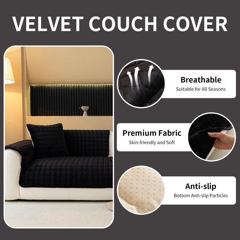 MDSASFD Velvet Couch Cover, Plush Sectional Sofa Cover Washable, Anti Slip Sofa Slipcover for Armrest & Backrest, Furniture Protector Covers for Pets & Kids(1PC, Black, 27.6"Ã—27.6", Single Seater) - Image 2