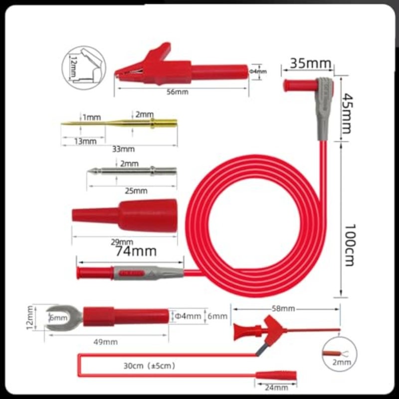 Digital multimeter test leads for electronics testing, PVC material, black and red color, with replaceable probe tips and alligator clips - Image 2