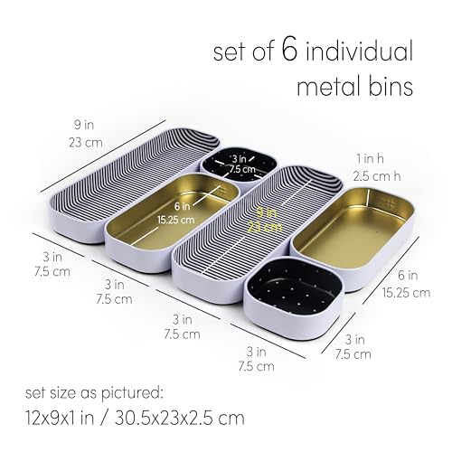 Three by Three Seattle 6 Piece Shallow Metal Organizer Tray Set for Storing Makeup, Stationery, Utensils, and More in Office Desk, Kitchen and Bathroom Drawers (1 Inch, Gold Dots and Stripes) - Image 3