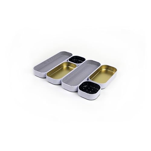 Three by Three Seattle 6 Piece Shallow Metal Organizer Tray Set for Storing Makeup, Stationery, Utensils, and More in Office Desk, Kitchen and Bathroom Drawers (1 Inch, Gold Dots and Stripes) - Image 1