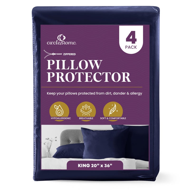 CirclesHome Pillow Protectors 4 Pack King Zippered - 100% Cotton Breathable Pillowcases - Protects Pillows from Dirt  Dust and Debris (King - Set of 4 - 20x36) - Image 1
