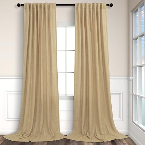 Pitalk Burlap Color Curtains 84 Inch Length for Living Room 2 Panels Back Tab Pocket Primitive Drapes Flax Linen Country Cotton Light Filtering Sheer Tan Brown Curtains for Bedroom Farmhouse Decor 7 FT Long - Image 1