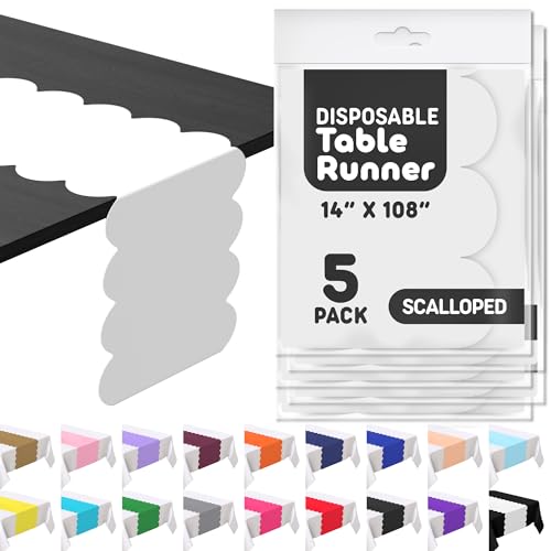 White Plastic Disposable Table Runner 5 Pack 14 x 108 inch Scallop Table Runner Adds A Pop of Color to Your Party Table by Swanoo