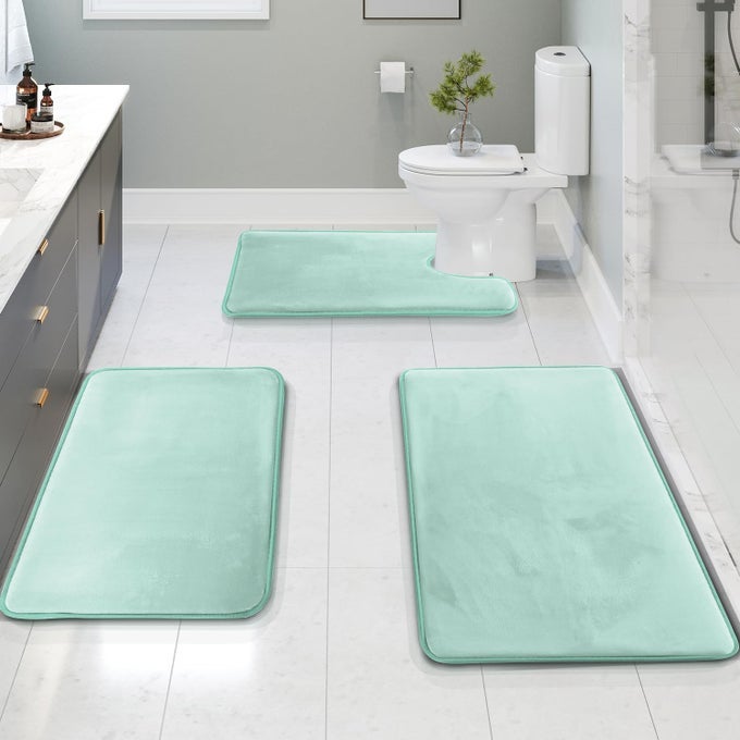 3 PIECE BATHROOM RUGS BATH MAT SET VELVET MEMORY FOAM BATH MATS FOR BATHROOM NONSLIP PVC BACKING BATH RUGS WASHABLE DRIES QUICKLY BLUE