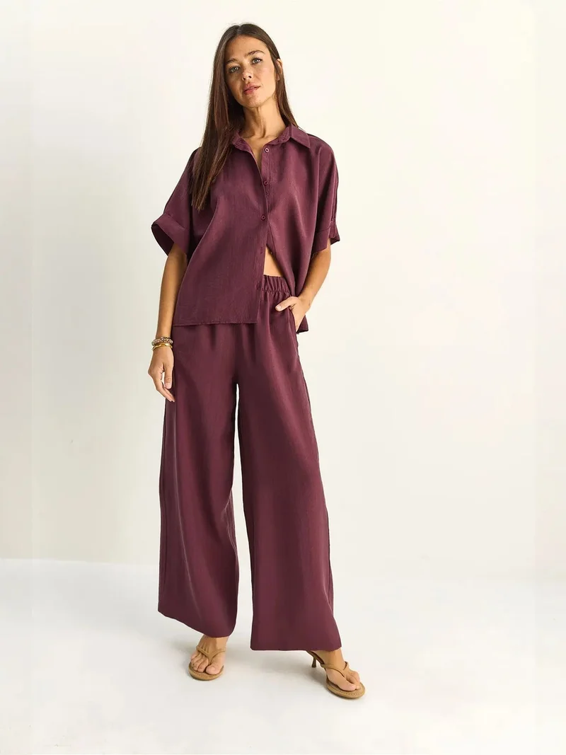بيانكو لوتشي LUCCI High Waist Wide Leg Two-Piece Co-ord Set with Shirt Collar