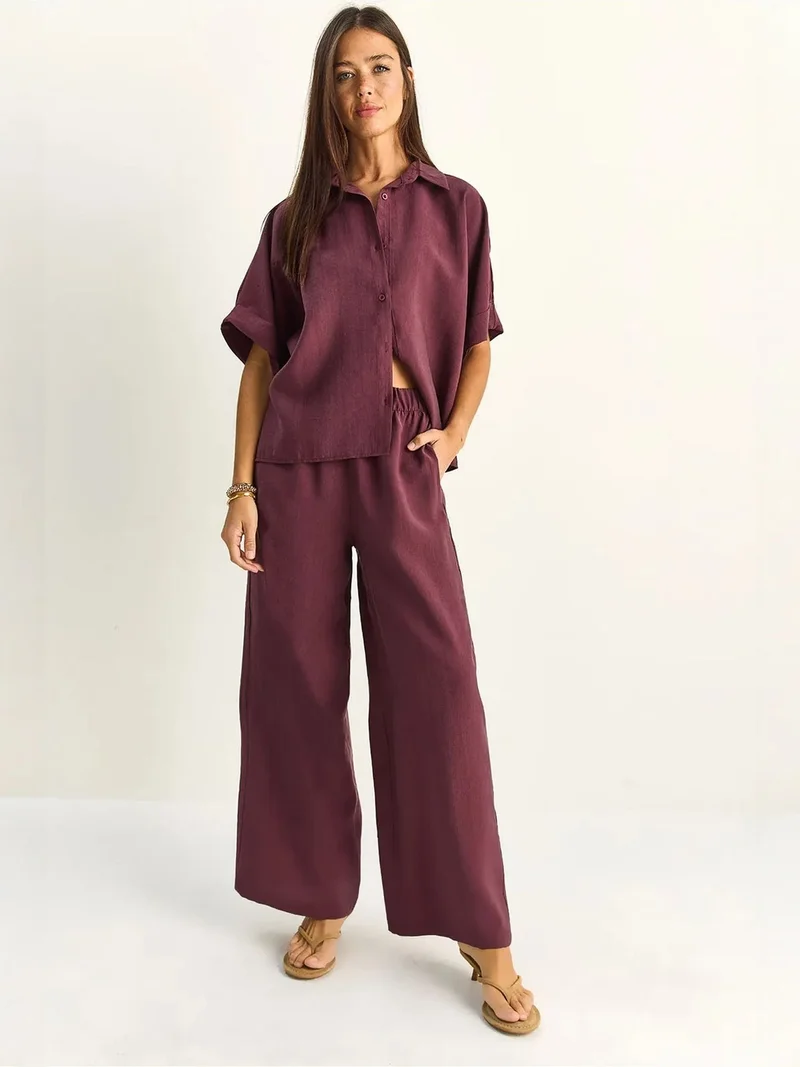 بيانكو لوتشي LUCCI High Waist Wide Leg Two-Piece Co-ord Set with Shirt Collar